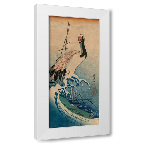 Crane in Waves, 1833 White Modern Wood Framed Art Print by Hiroshige, Ando