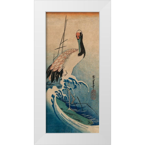 Crane in Waves, 1833 White Modern Wood Framed Art Print by Hiroshige, Ando