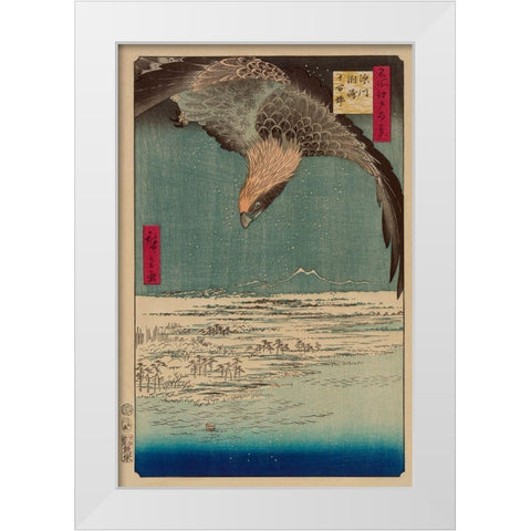 Hawk flying above a snowy landscape along the coastline., 1857 White Modern Wood Framed Art Print by Hiroshige, Ando