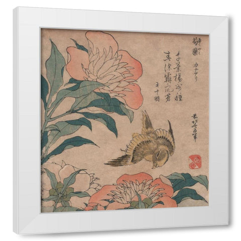 Peony and Canary, 1833 White Modern Wood Framed Art Print by Hokusai