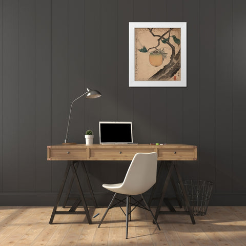 Grasshopper eating persimmon, 1850 White Modern Wood Framed Art Print by Hokusai