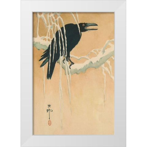 Blackbird in snow, 1885 White Modern Wood Framed Art Print by Ikeda, Koson