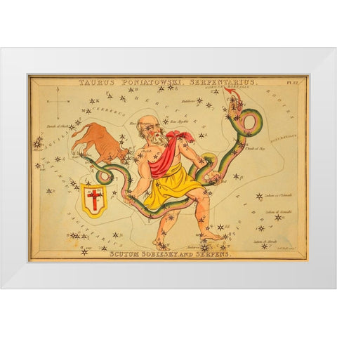 Taurus Poniatowski, Serpentarius, Scutum Sobiesky, and Serpens, 1825 White Modern Wood Framed Art Print by Aspin, Jehoshaphat