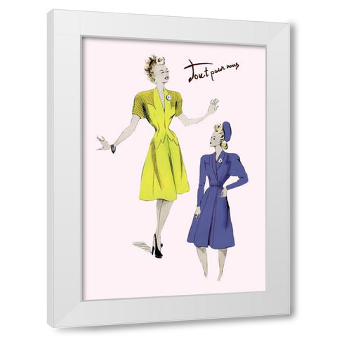 Knee-Length Dresses in Blue and Yellow, 1947 White Modern Wood Framed Art Print by Unknown