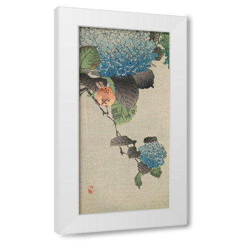 Small bird and hydrangea White Modern Wood Framed Art Print by Unknown