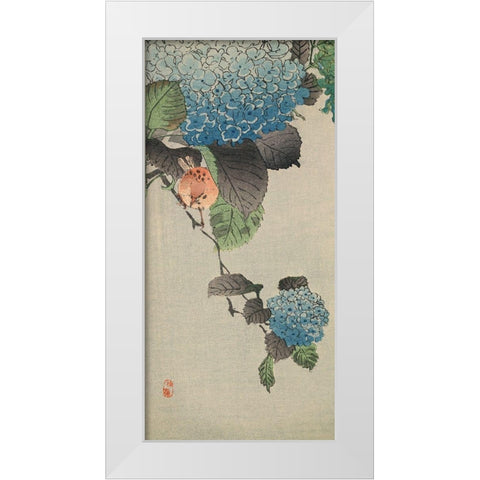 Small bird and hydrangea White Modern Wood Framed Art Print by Unknown