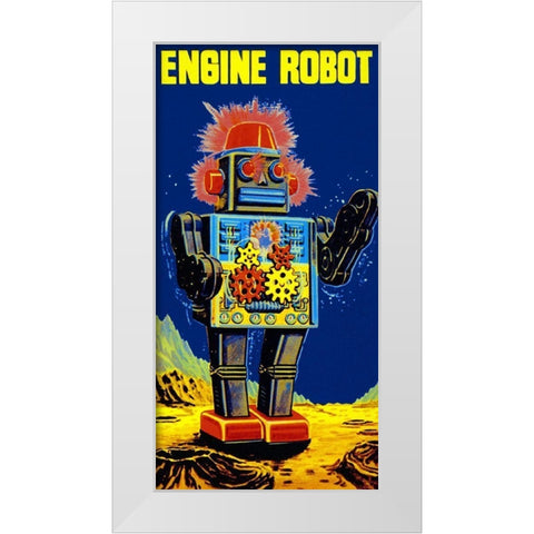 Engine Robot White Modern Wood Framed Art Print by Retrobot