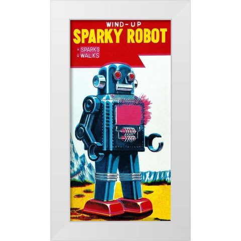 Sparky Robot White Modern Wood Framed Art Print by Retrobot