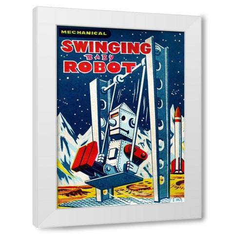 Swinging Baby Robot White Modern Wood Framed Art Print by Retrobot