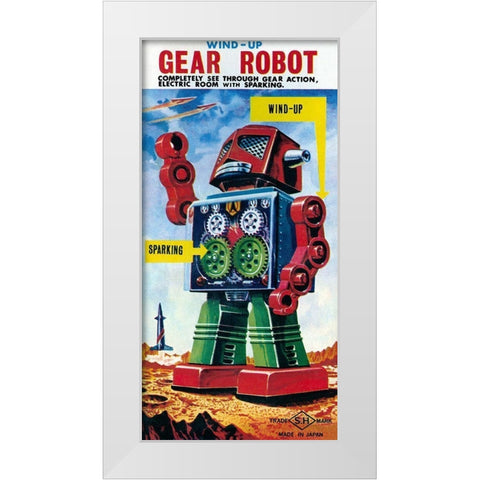 Wind-up Gear Robot White Modern Wood Framed Art Print by Retrobot