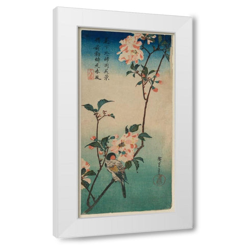 Small bird on a branch of Kaidozakura White Modern Wood Framed Art Print by Hiroshige, Ando