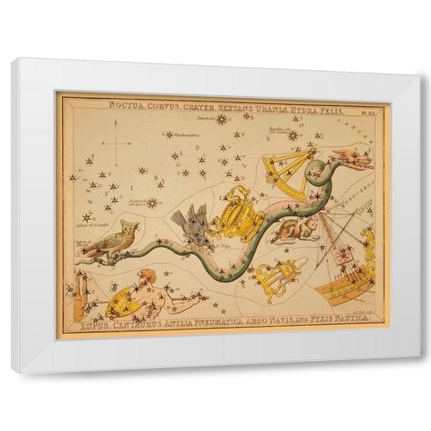 Noctua, Corvus, Crater, Sextans Uraniae, Hydra, Felis, Lupus, Centaurus, Antlia Pneumatica, Argo Nav White Modern Wood Framed Art Print by Aspin, Jehoshaphat