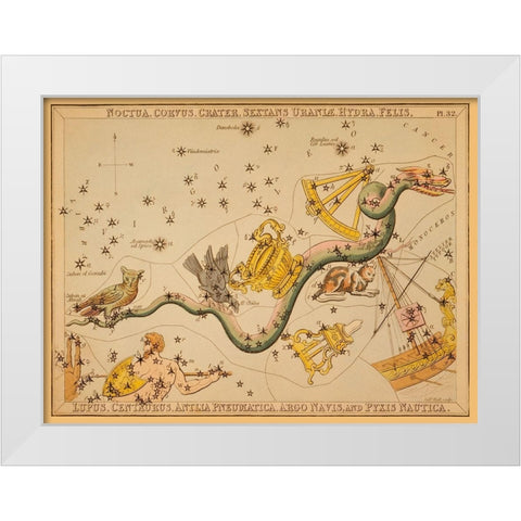 Noctua, Corvus, Crater, Sextans Uraniae, Hydra, Felis, Lupus, Centaurus, Antlia Pneumatica, Argo Nav White Modern Wood Framed Art Print by Aspin, Jehoshaphat