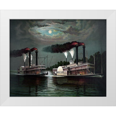 Race of the steamers Robert. E. Lee and Natchez on the Mississippi White Modern Wood Framed Art Print by Donaldson