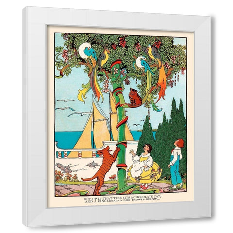 Gingerbread dog chases the Cat and Birds White Modern Wood Framed Art Print by Field, Eugene