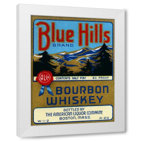 Blue Hills Bourbon Whiskey White Modern Wood Framed Art Print by Vintage Booze Labels