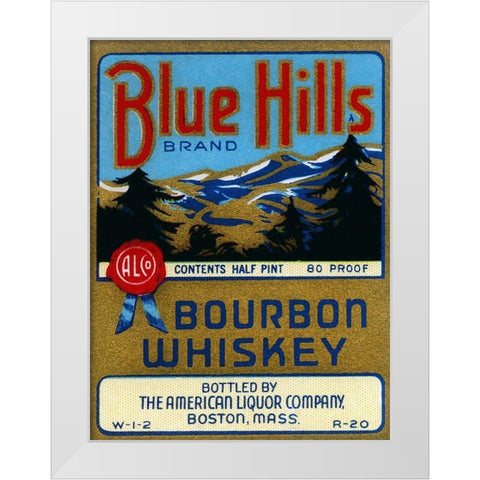 Blue Hills Bourbon Whiskey White Modern Wood Framed Art Print by Vintage Booze Labels