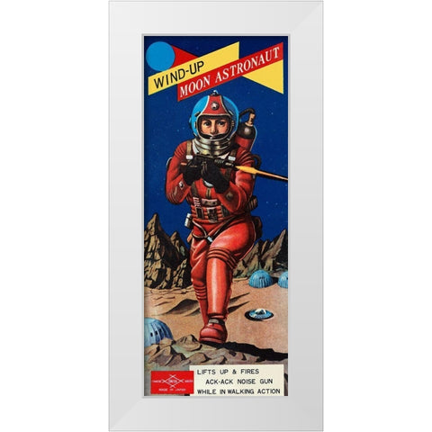 Wind-Up Moon Astronaut White Modern Wood Framed Art Print by Retrobot