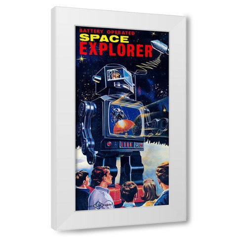 Space Explorer Robot White Modern Wood Framed Art Print by Retrobot
