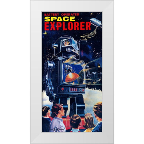 Space Explorer Robot White Modern Wood Framed Art Print by Retrobot