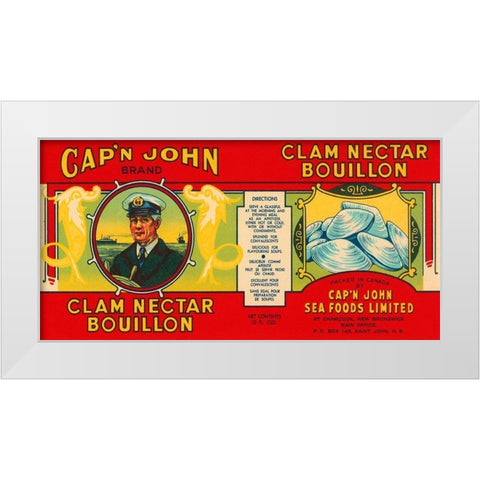 Capn John Brand Clam Nectar Bouillon White Modern Wood Framed Art Print by Retrolabel