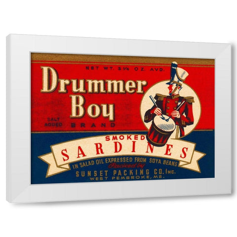Drummer Boy Smoked Sardines White Modern Wood Framed Art Print by Retrolabel