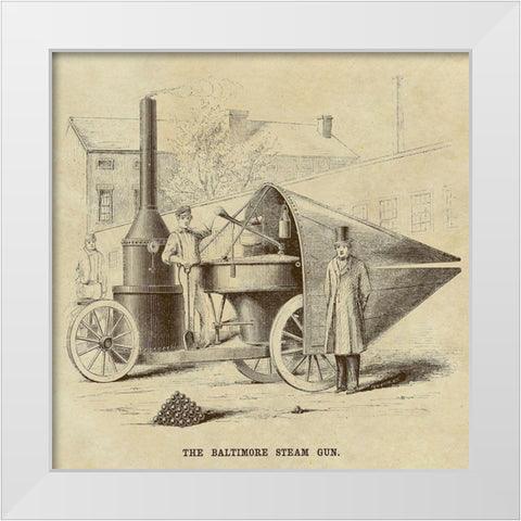 Baltimore Steam Gun White Modern Wood Framed Art Print by Inventions