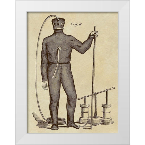 Diving Gear with Suit and Air Pump White Modern Wood Framed Art Print by Inventions