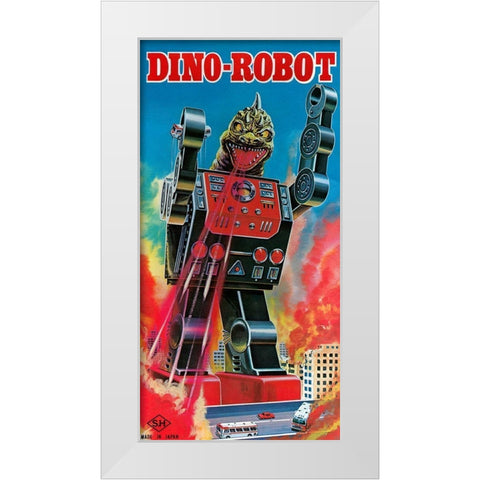 Dino-Robot White Modern Wood Framed Art Print by Retrobot