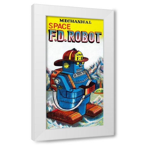 Mechanical Space Fire Department Robot White Modern Wood Framed Art Print by Retrobot