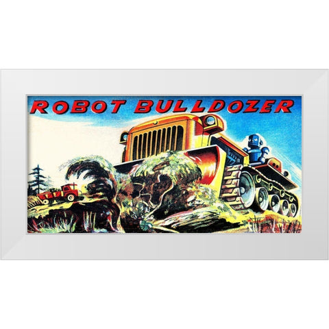 Robot Bulldozer White Modern Wood Framed Art Print by Retrobot