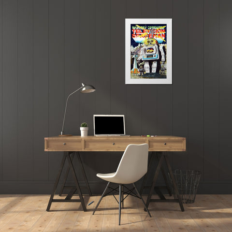 Battery Operated Television Spaceman White Modern Wood Framed Art Print by Retrobot