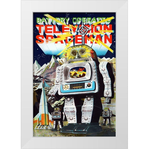 Battery Operated Television Spaceman White Modern Wood Framed Art Print by Retrobot