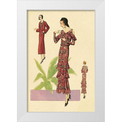 Party Dress with Ruffles and Flowers White Modern Wood Framed Art Print by Vintage Fashion