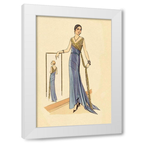 Evening Gown in Blue and Gold White Modern Wood Framed Art Print by Vintage Fashion