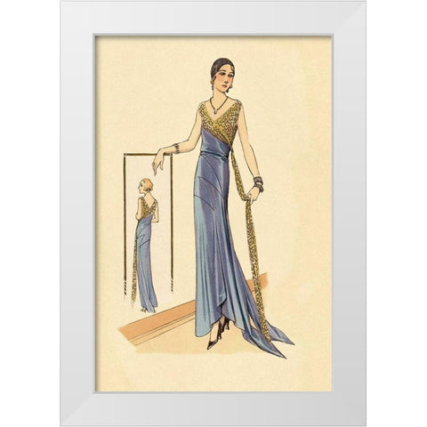Evening Gown in Blue and Gold White Modern Wood Framed Art Print by Vintage Fashion