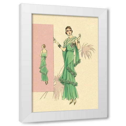 Playful Green Evening Gown White Modern Wood Framed Art Print by Vintage Fashion