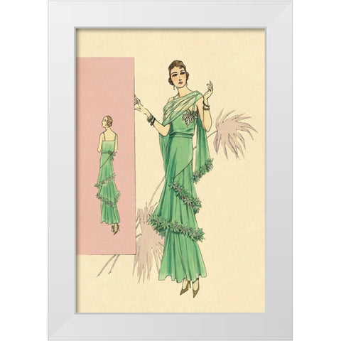 Playful Green Evening Gown White Modern Wood Framed Art Print by Vintage Fashion
