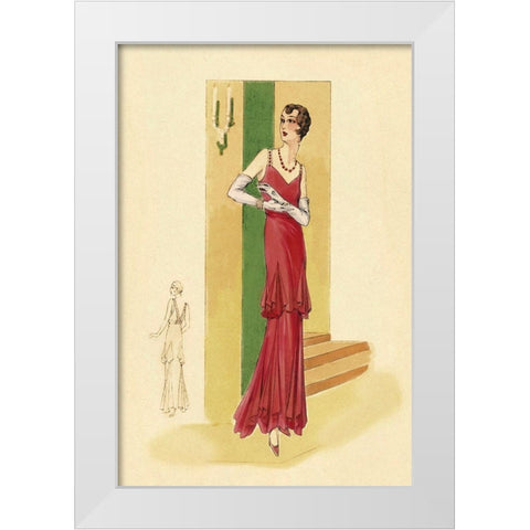 Scarlet Evening Gown White Modern Wood Framed Art Print by Vintage Fashion