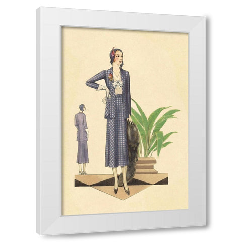 Blue Checkered Suit with Stole and Gloves White Modern Wood Framed Art Print by Vintage Fashion