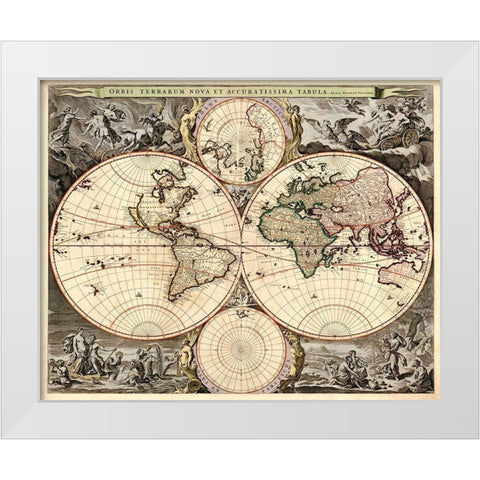 World Map White Modern Wood Framed Art Print by Visscher, Nicolao
