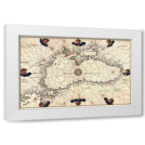 Portolan or Navigational Map of the Black Sea showing anthropomorphic winds White Modern Wood Framed Art Print by Agnese, Battista