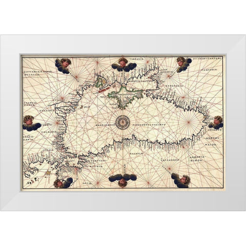 Portolan or Navigational Map of the Black Sea showing anthropomorphic winds White Modern Wood Framed Art Print by Agnese, Battista