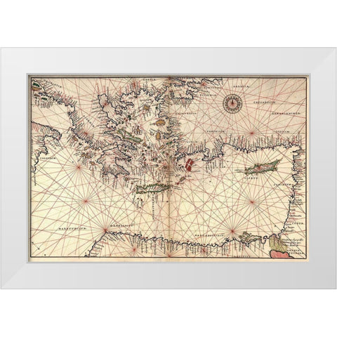 Portolan or Navigational Map of Greece, the Mediterranean and the Levant White Modern Wood Framed Art Print by Agnese, Battista