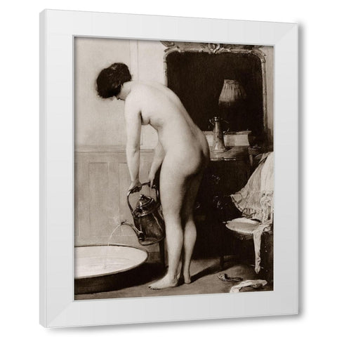 Pouring a Bath White Modern Wood Framed Art Print by Vintage Nudes