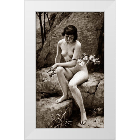 Nude with Flowers White Modern Wood Framed Art Print by Vintage Nudes