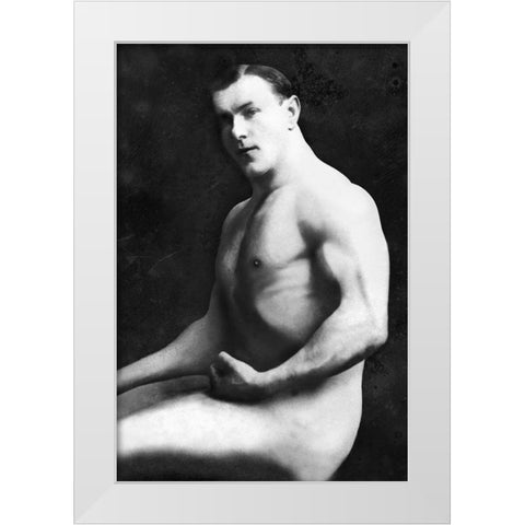 Arm Curl from Seated Pose White Modern Wood Framed Art Print by Vintage Muscle Men