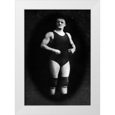 Bodybuilder in Wrestling Outfit and Knee Pads White Modern Wood Framed Art Print by Vintage Muscle Men