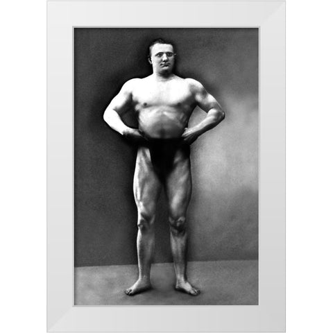 Strongman Pose White Modern Wood Framed Art Print by Vintage Muscle Men