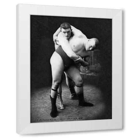 Hip Throw: Russian Wrestlers White Modern Wood Framed Art Print by Vintage Wrestler